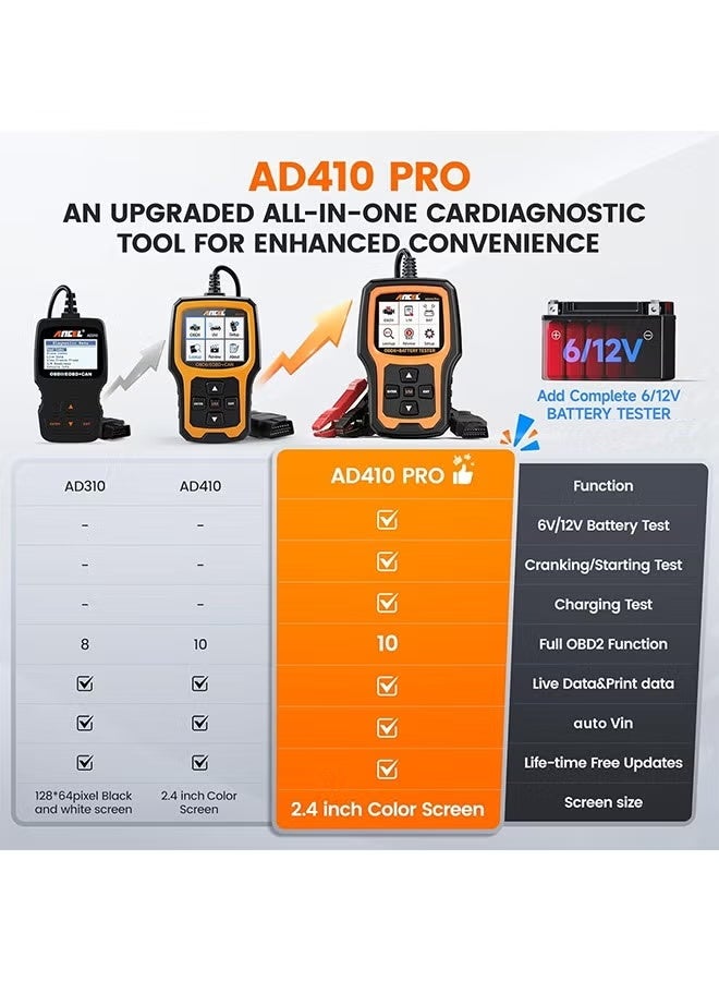 ANCEL AD410 Pro 2 in 1 OBD2 Scanner Battery Tester, OBD2 Scanner Diagnostic Tool for Car Check Engine Code Reader Scan Tool & 6V 12V 100-2000 CCA Battery Charging Cranking Test EVAP Live Data - Image 2